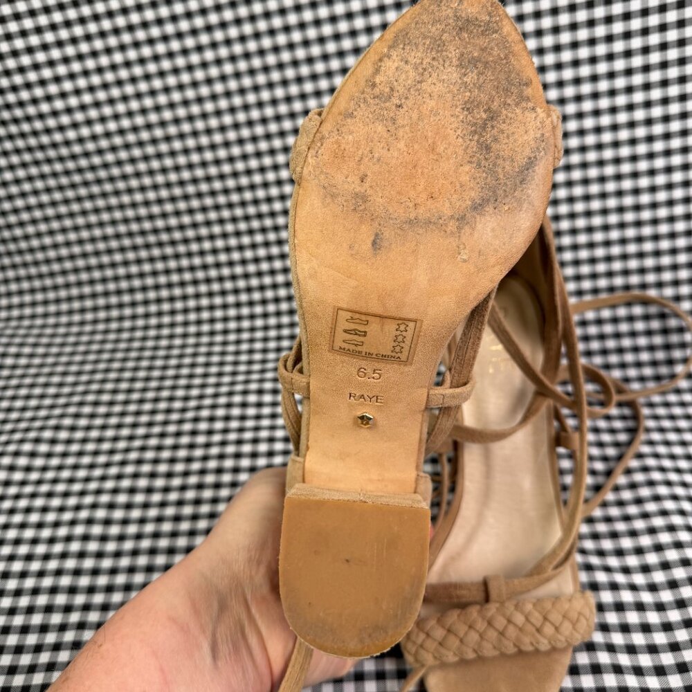 RAYE Lulu Heel Sandal Tan Suede Braided Lace-Up Wrap Block Heel Size 6.5 - Picture 3 of 4